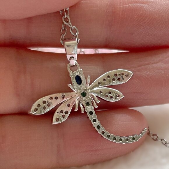 Dragonfly Insect Blue Green and CZ Silver Fashion Pendant Necklace NWOT - Picture 4 of 13